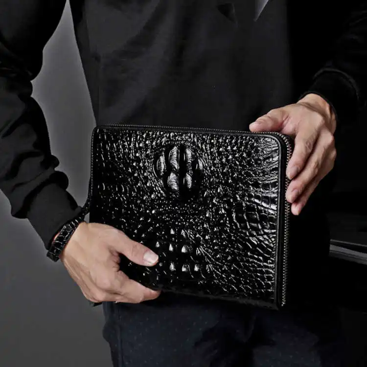 

Custom Fashion Double Zipper Alligator Genuine Leather Lattice Handbag Envelope Business Clutch Bag, Black