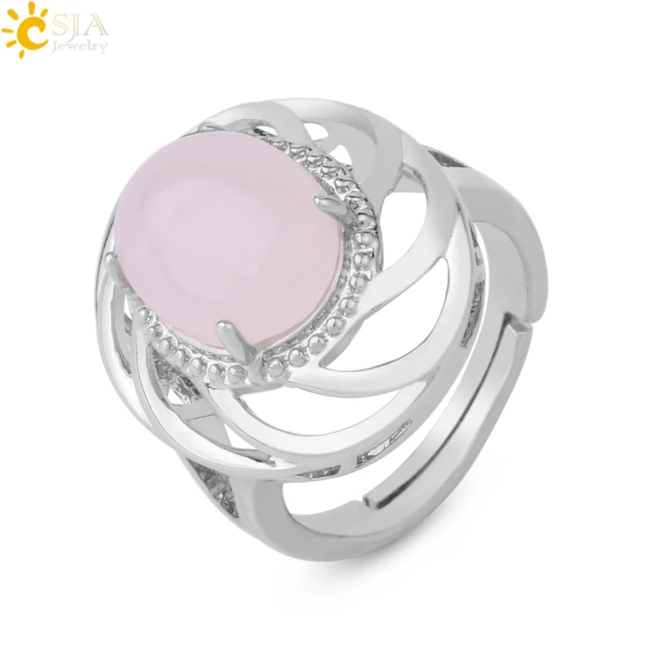 

CSJA wholesale silver color natural rose quartz oval bead wedding engagement rings for women 2020 fashion jewelry F896