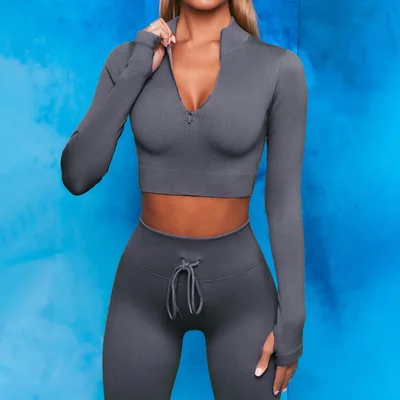 

Womens Fitness Yoga Set Seamless Long Sleeve Crop Top Zipper Legging Gym Workout Sports Wear Suit