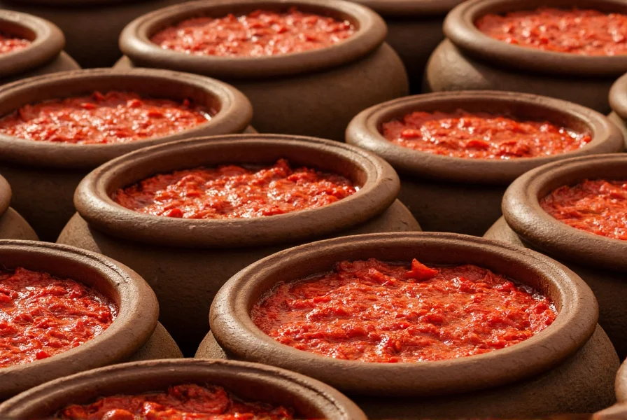 Traditional Korean earthenware pots containing vibrant red gochujang paste during fermentation process