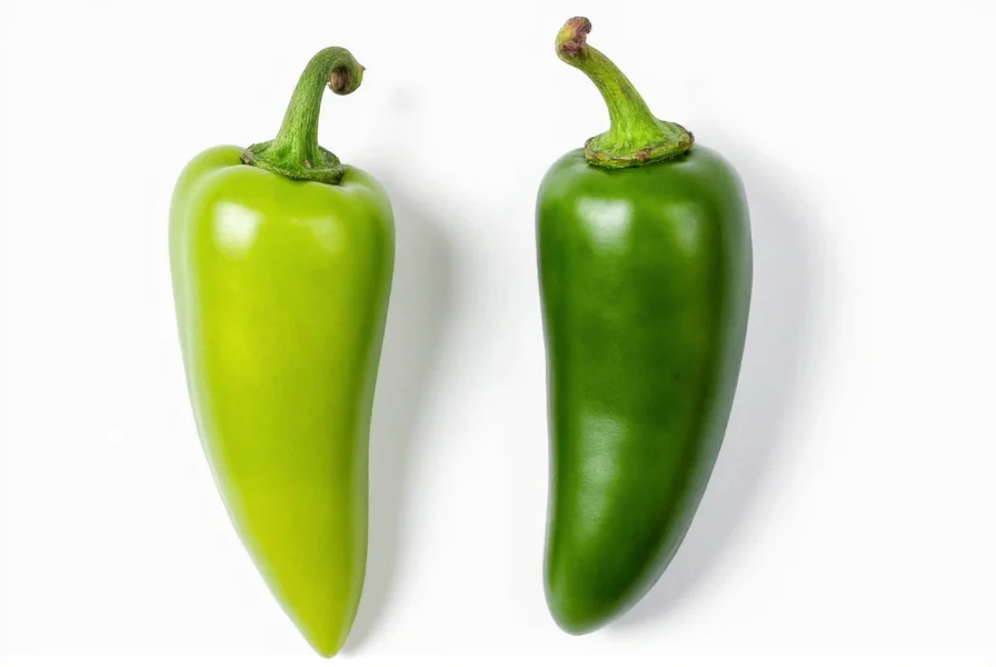 Side-by-side comparison of serrano pepper and jalapeno pepper showing size difference and shape characteristics