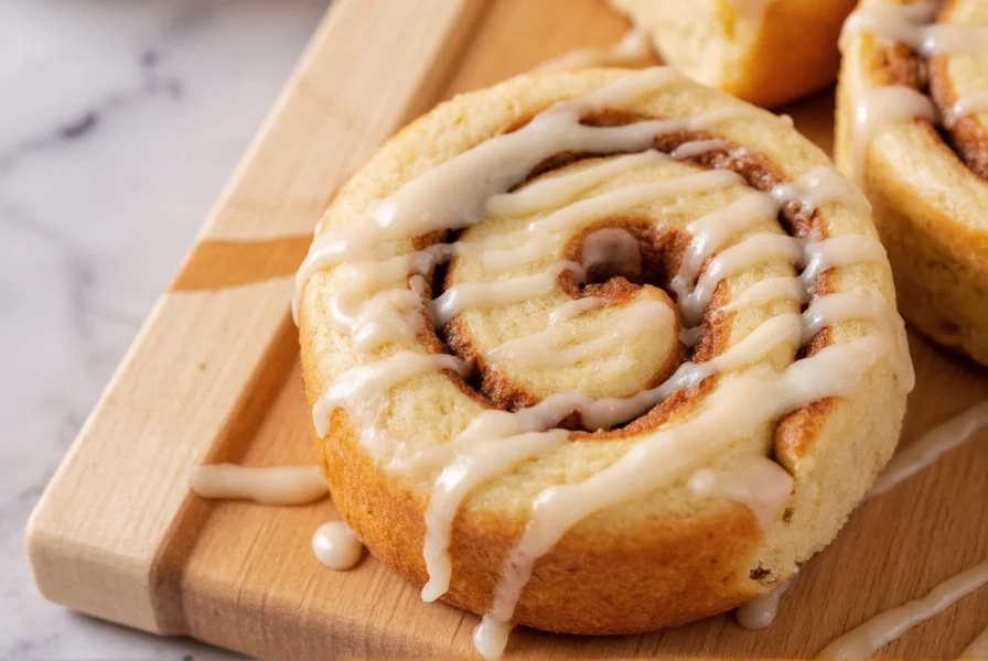 Close-up of freshly baked homemade cinnamon rolls with cream cheese icing dripping down the sides on a wooden board