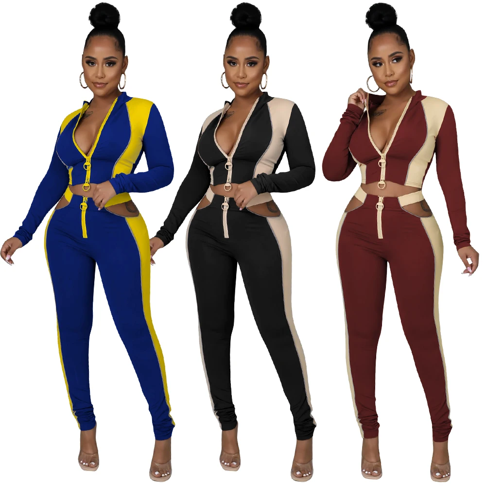 

Fast Dispatch Two-Color Slim Fit Track Suit Sweatsuits Two-Way Zip Up Glowing Lines Winter Women Two Piece Set For Ladies