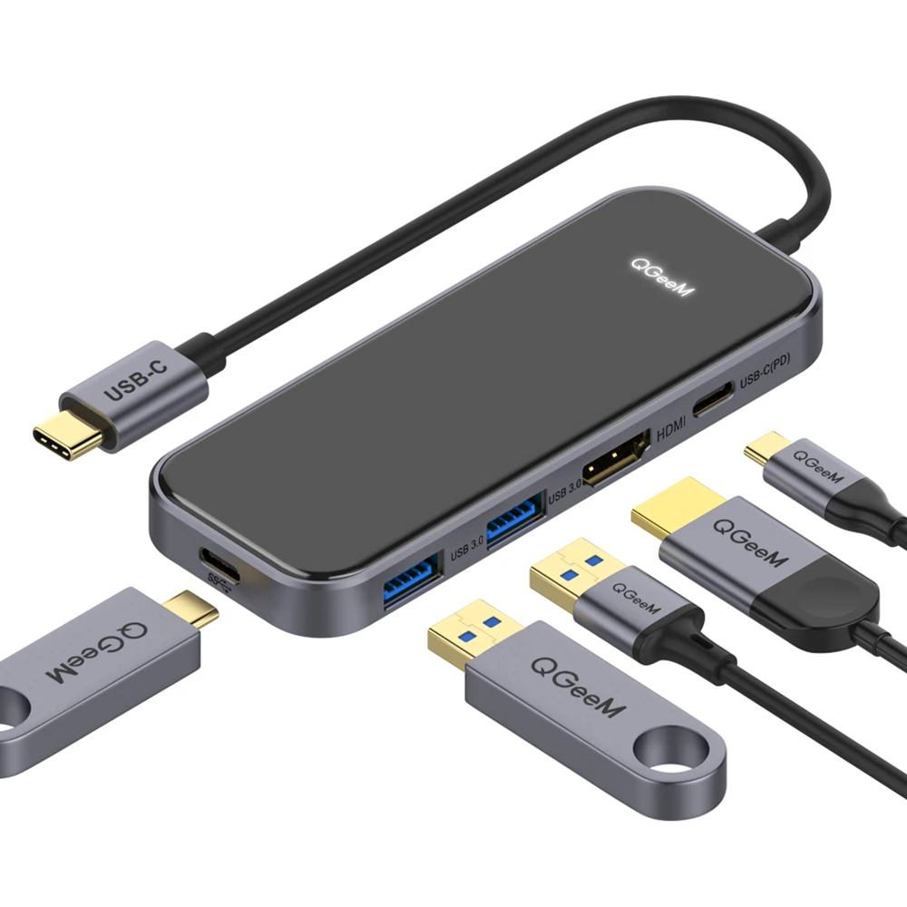 

USB C HUB Adapter, QGeeM 5-in-1 USB C Dongle with 4K USB C to HDMI Compatible with MacBook Pro 2019/2018 IPad Pro, Chromebook, Black