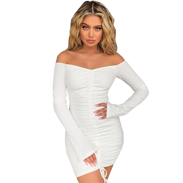 

Wholesale Long Sleeve Wrap Bodycon Women Dresses Casual Off Shoulder Sexy Club Dresses Women Ruched Mini Bandage Dress