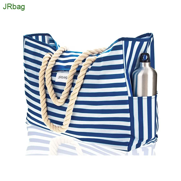 Blue Stripes 100% Waterproof Canvas Big Capacity Travel Beach Tote Luggage Bag with Cotton Rope Handles and Two Outside Pockets