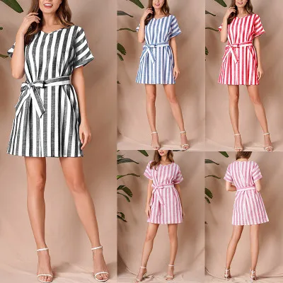 

2021 New Arrival European and American o neck collar sleeve striped casual single-breasted dress, As shown on picture