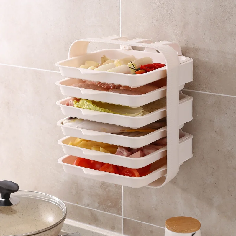 

Wholesale Food Organizer Plastic 6 Layer Wall Mounted Hanging Side Dish Storage Shelf Rack with 6 Plates