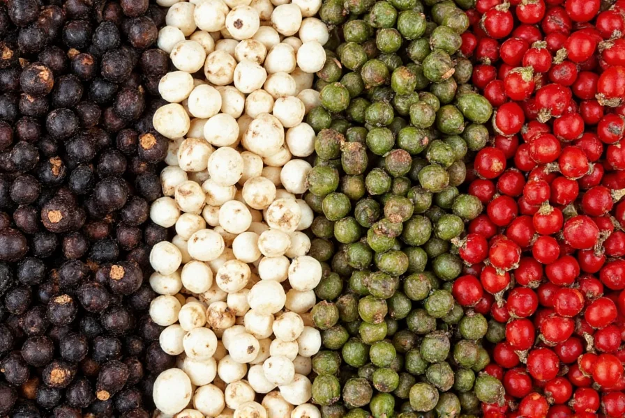 Close-up view of black, white, green, and red peppercorns showing their different appearances and textures