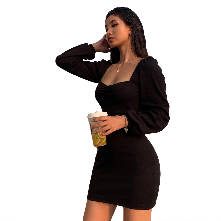 

Nibber D1735262 pure knitting full sleeve low cut dress women 2020 office lady casual black bodycon mini dress