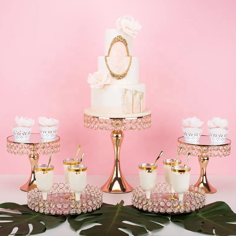 

round stainless steel gold silver wedding cake stand set decoration metal mirror hanging crystal cupcake rack afternoon tea, Gold/silvery