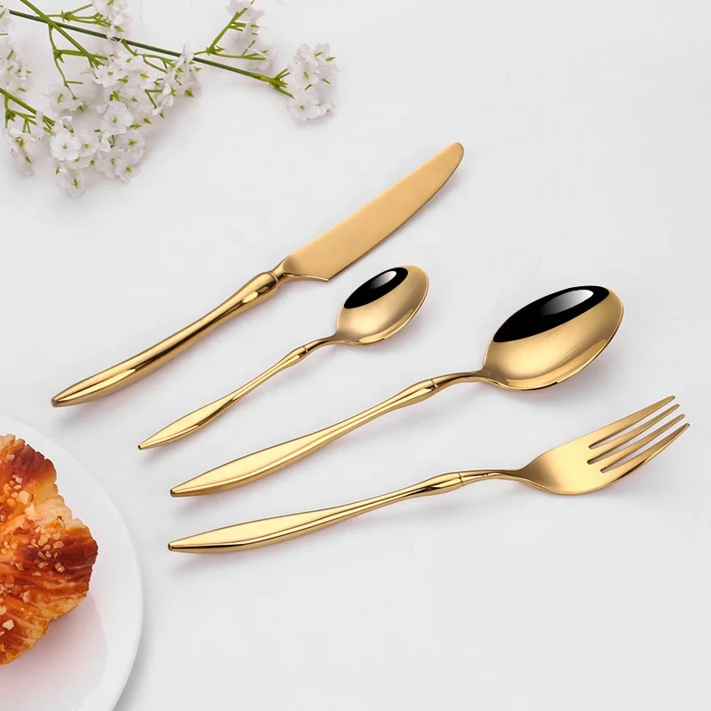 

Elegant golden metal flatware set restaurant wedding 304 mirror silver stainless steel cutlery set, Customized color