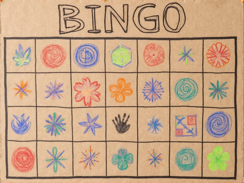 Hand-drawn bingo card with colorful markers on recycled cardboard