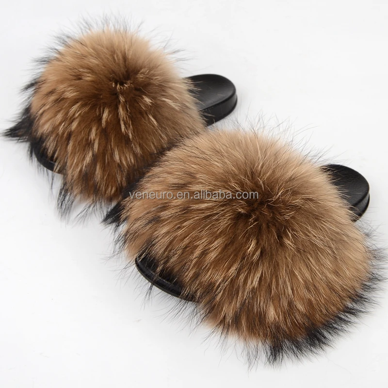 

Fashion Design Women Raccoon Fur Colorful Sandal Slides Soft Furry Slippers Natural Brown Big Fur Slides, Customized color