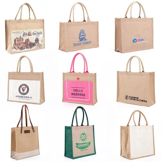 

wholesale reusable shopping jute tote bag big burlap linen gift bags customized printed logo, Natural color