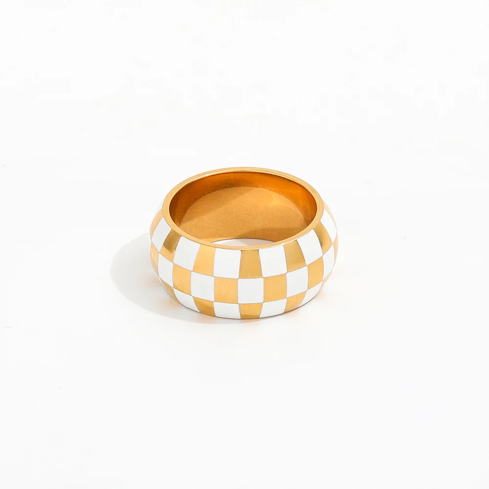 Joolim Jewelry Wholesale 18K Gold Plated White Plaid Stainless Steel Chunky Rings for Women Rings
