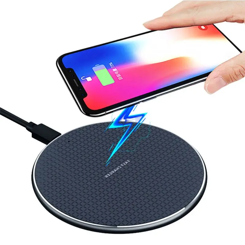 

2021 latest 10W ultra thin metal Qi wireless fast charger portable wireless charging mat pad with led display light for iphone, Black blue red sliver