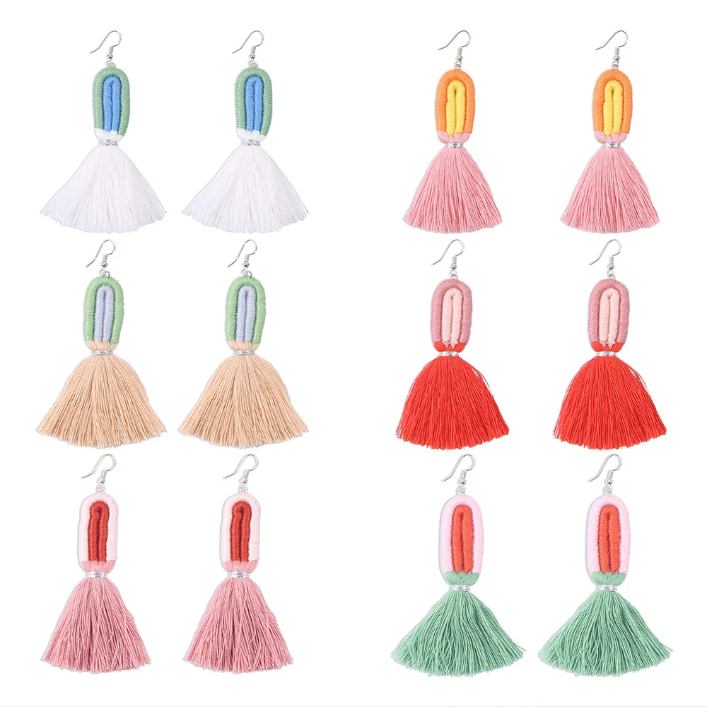 

Bohemia Boho Rainbow Dangle Drop Earring Retro Ethnic Handmade Cotton Thread Braided Tassel Earrings for Women, Gold