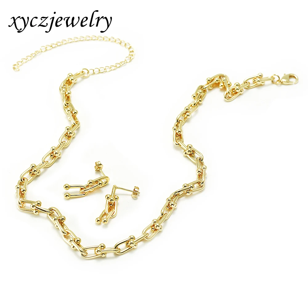 

Xingyu jewelry new style brass 18k gold plated earrings necklace jewelry set fashion geometric and U-shaped jewelry set women, No stone