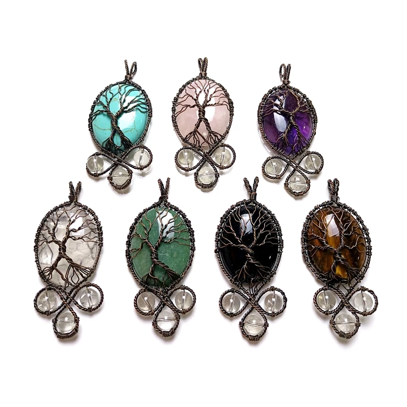 

Gem Stone Jewelry Large Wire Wrapped Tree Of Life Gemstone Pendant Natural Oval Cab Pendants For Jewelry Making, Multi quartz pendant