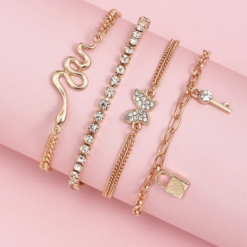 

2020 Gold Snake Butterfly Lock Key Chain Bracelet Set Fashion Punk Vintage crystal Simple Metal Bracelets for Women Bracelet