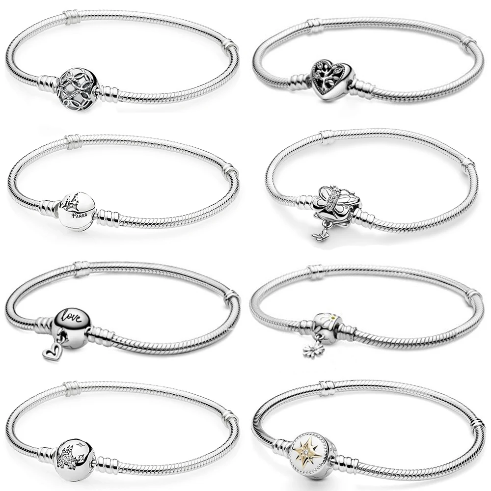 

2021 NEW 100% 925 Sterling Silver Moments Family Heart Clasp Snake Daisy Chain Bracelet Fit Women Original Fashion Jewelry Gift