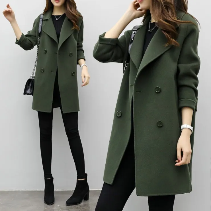 

New Design Autumn Fashion Trench Coat Korean Winter Women Long Double Breasted Jacket, Black, army green, coffee