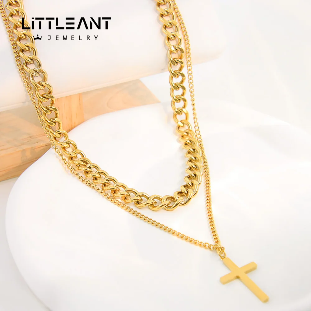 

Little Ant Jewelry Cuban Link Chain Jewelry Necklace Women Double Layer Cross Necklace Stainless Steel