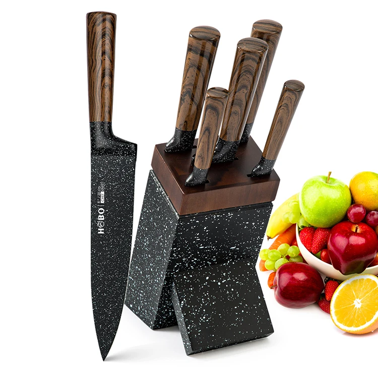 

Non-sticked coating stone finish high quality chef's knife stainless steel kitchen knives knife set with wooden stand