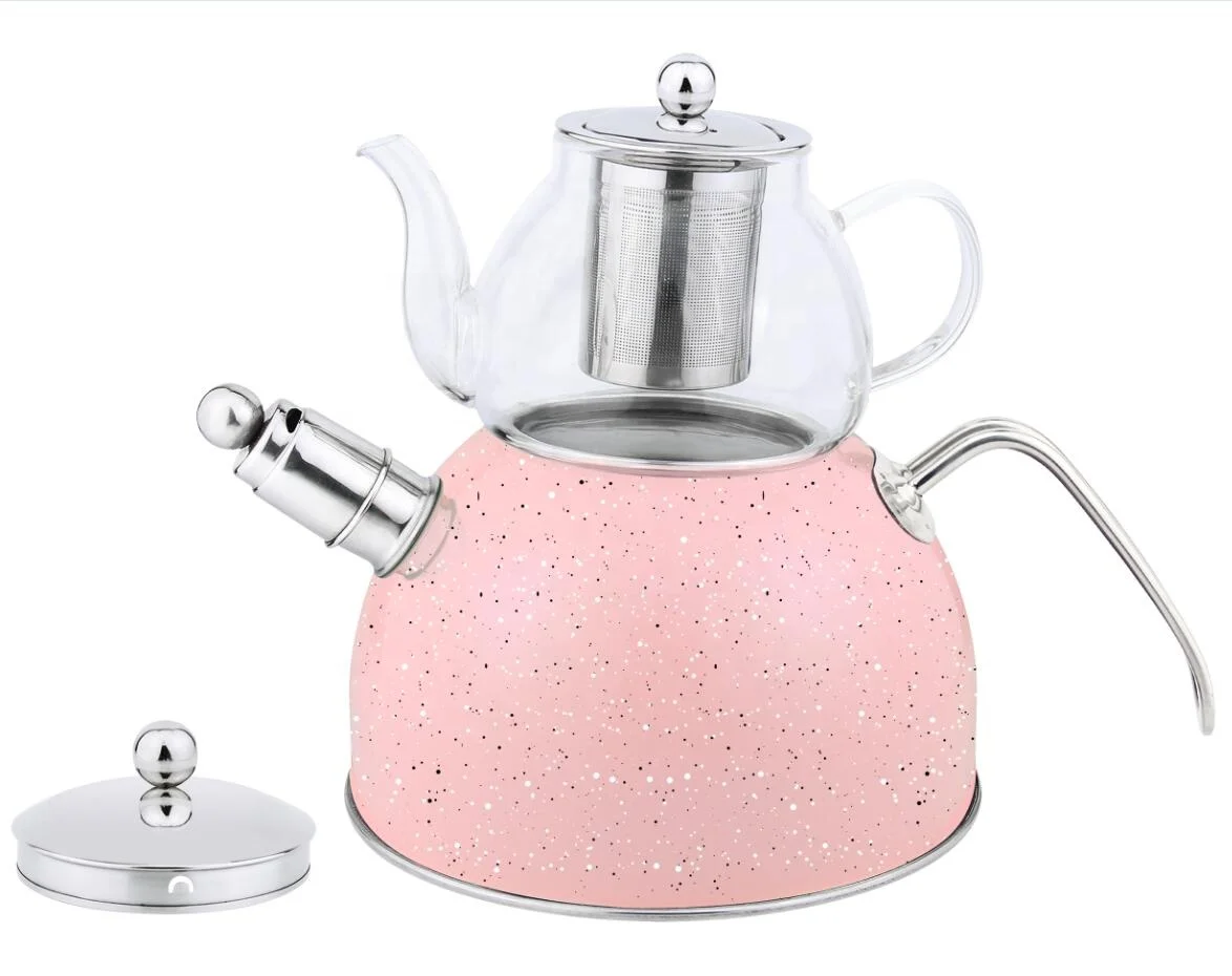 

Stainless steel double kettle whistling tea kettle with water tea pot set in stock