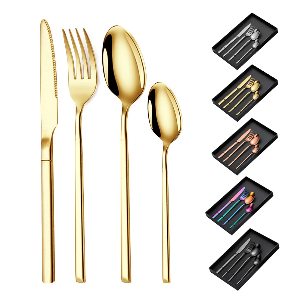 

Hot Selling Knight Stainless Steel Cutlery 4-Piece Set European Steak Knife Fork Spoon Gold Cutlery Royal Hotel Set