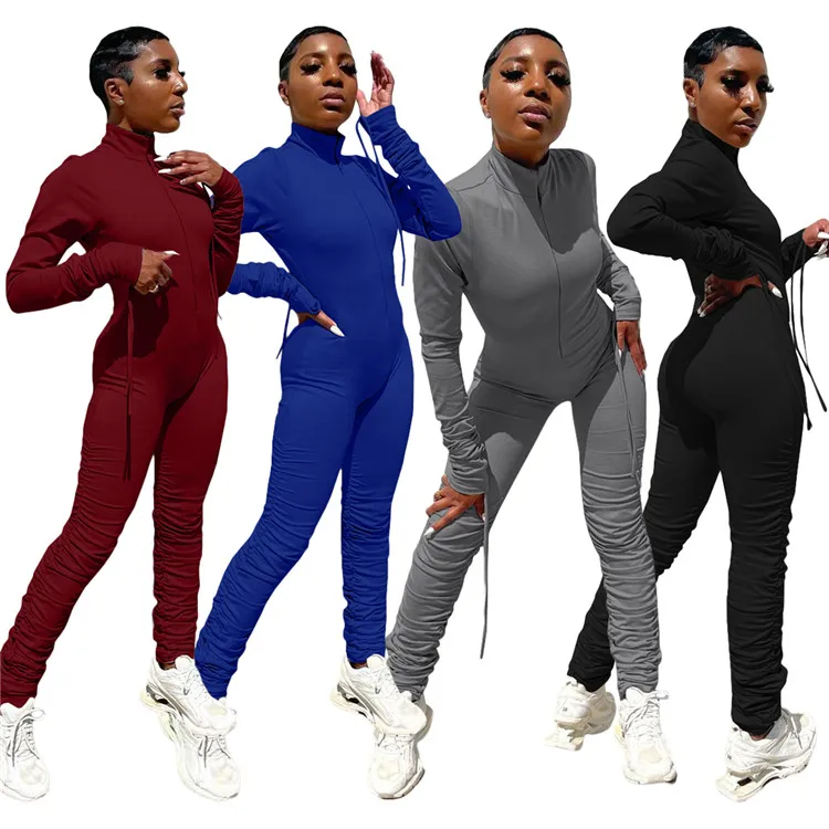 

2021 New Arrival Ladies Long Sleeve Rompers Drawstring Stacked Fall Women One Piece Jumpsuits, Picture shown