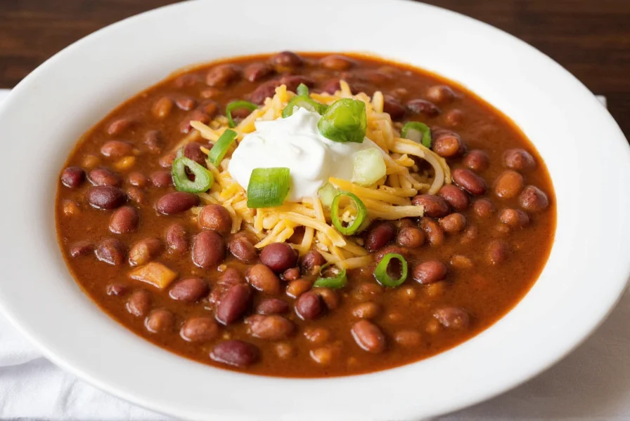 Finished chili with dry beans served in a bowl with toppings including sour cream, cheese, and green onions