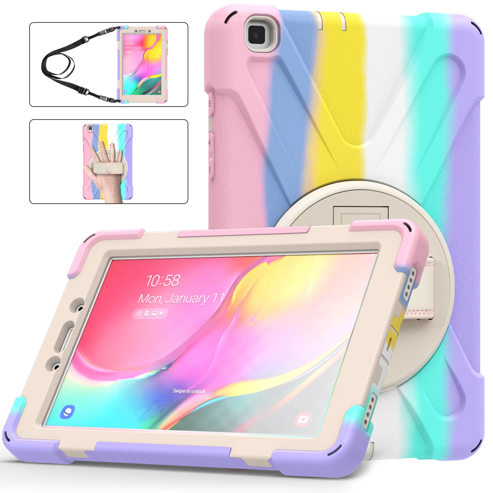 

Rainbow Colorful Symmetry Case For Samsung Galaxy Tab A 8.0 T290 T295 Hand Shoulder Strap Hybrid Armor Kickstand Talbet Cover
