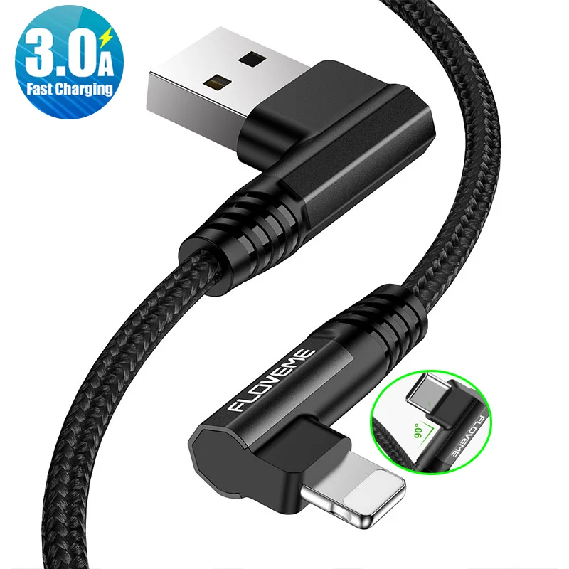

Free Shipping 1 Sample OK Double Elbow Design USB Charging Cable FLOVEME Black 1m 3A Fast Charging Data Cable Custom Accept