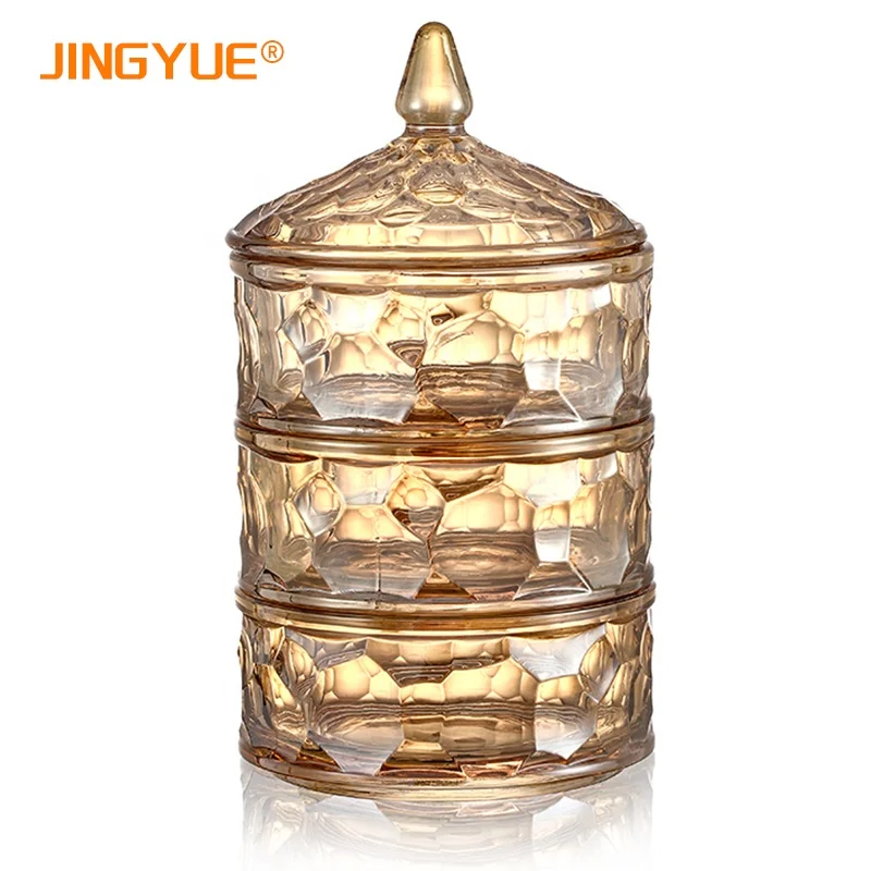 

Amazon Best Seller 3 Tier Stackable Glass Food Storage Jars with Glass Lid for Candy and Cookie, Golden, brown, transparent