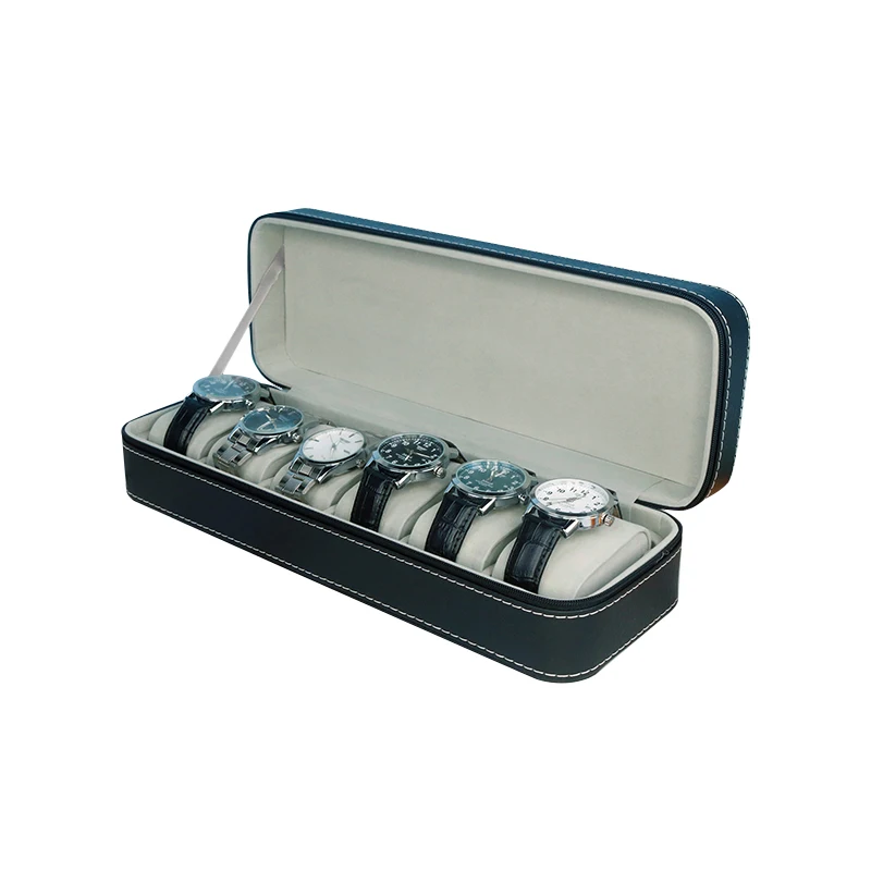 

Luxury Black Cardboard PU Leather Watch Box Velvet Display 6 Slots Watch Storage Case with Zipper