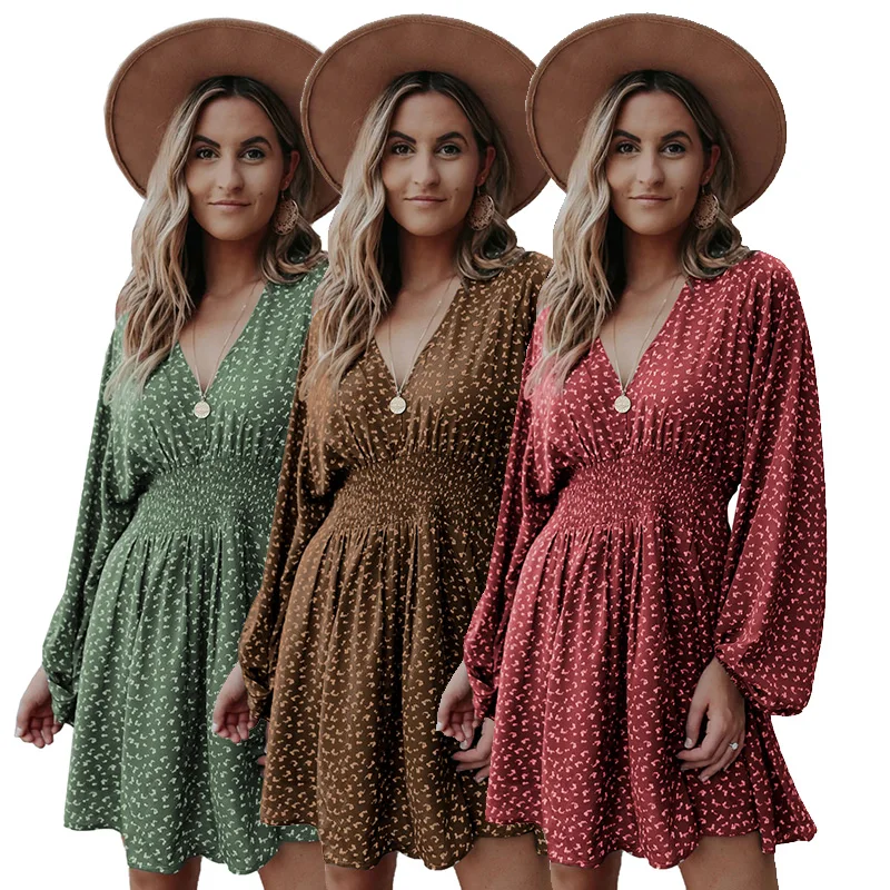 

New Arrivals Printed Long Sleeve Mini Dress For Women Vintage Smocked Waist A-line Casual Dresses