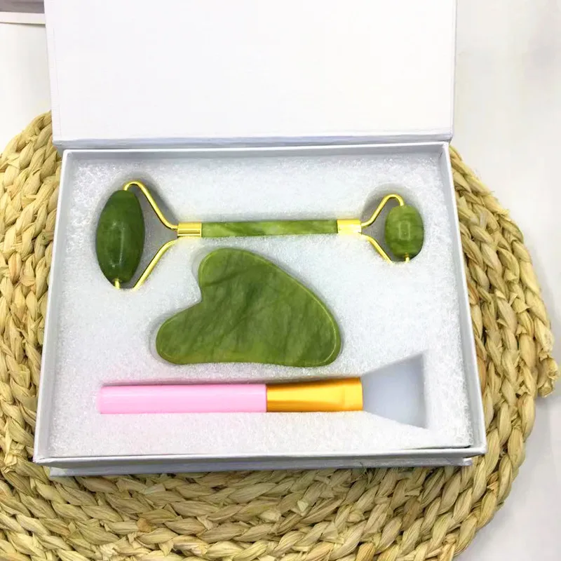 

100% natural jade roller and guasha set and brush with box heart shaped massage anti aging set green xiuyan jade roller gua sha