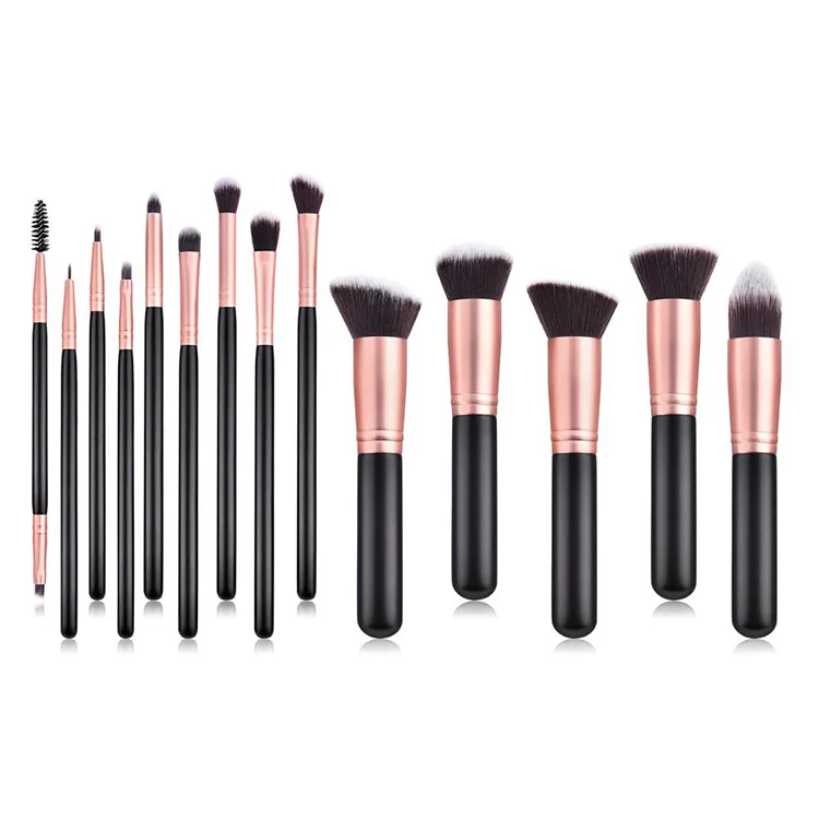 

Private Label Amazon Hot Sale 14Pcs High Quality Wooden Handle Synthetic Hair Black Cusotm Logo Makeup Brush Set, Black handle and brown white hair