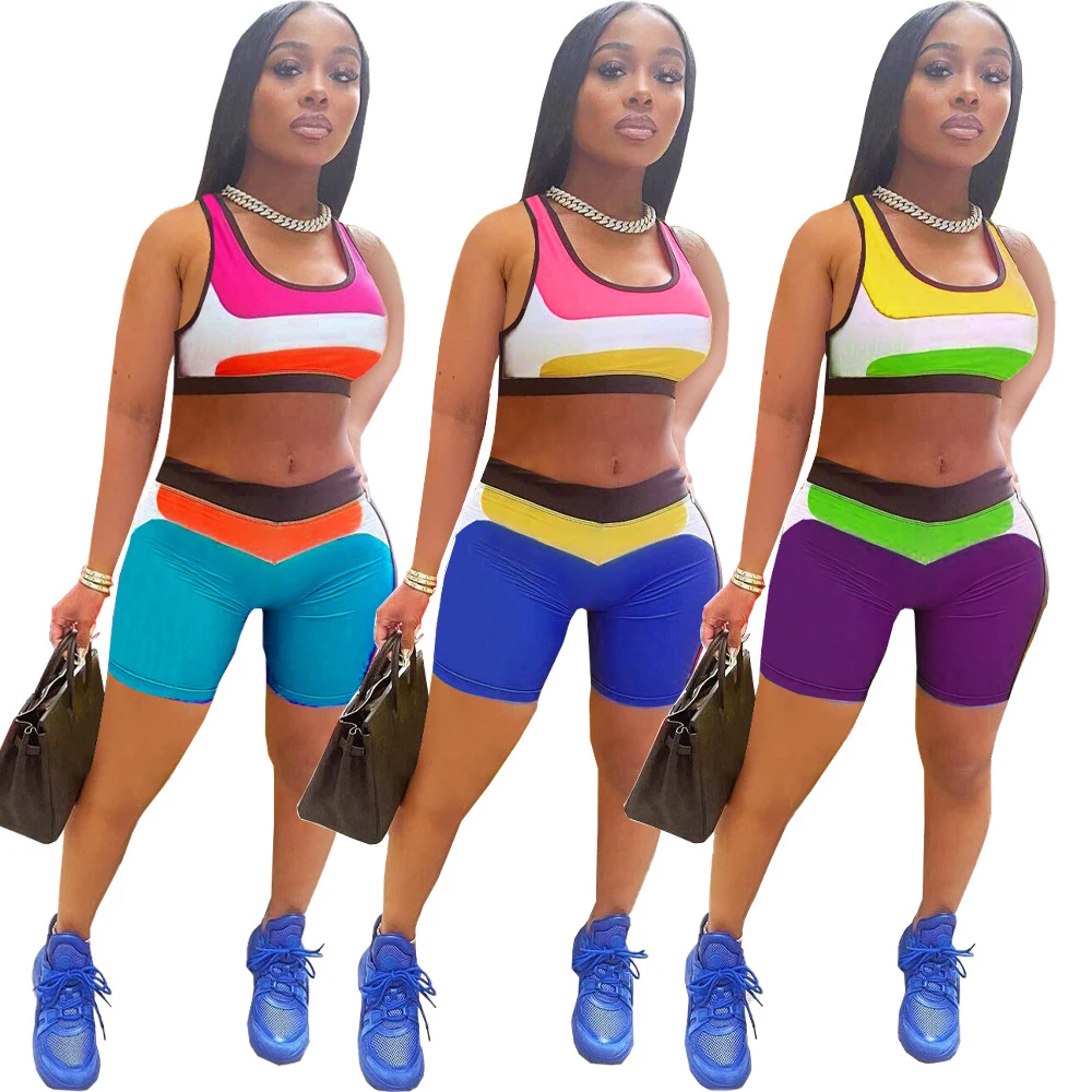 

European and American sexy waistless tight-fitting racing sports fitness two-piece colorful stitching ladies suit