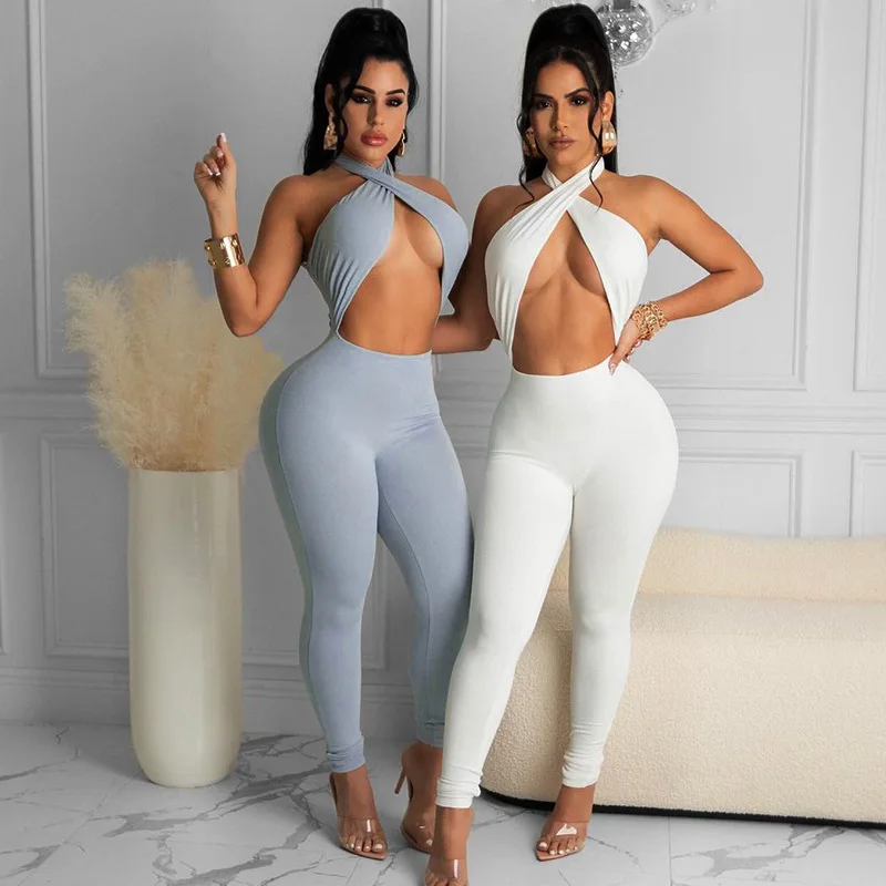 

Trendy Workout Femal Clothing Bodycon Casual Romper Regular Bodysuit One Piece Backless Halter Neck Pants Jumpsuit Women 2021