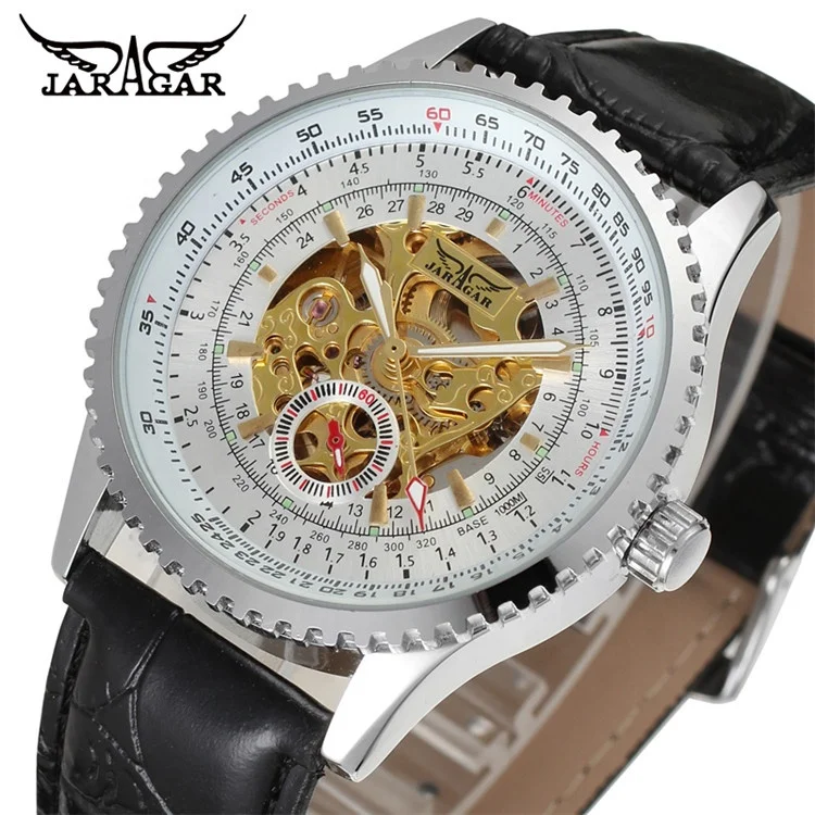 

JARAGAR 8058 silver mens mechanical watch super leather band water resist auto skeleton in stock watch kit