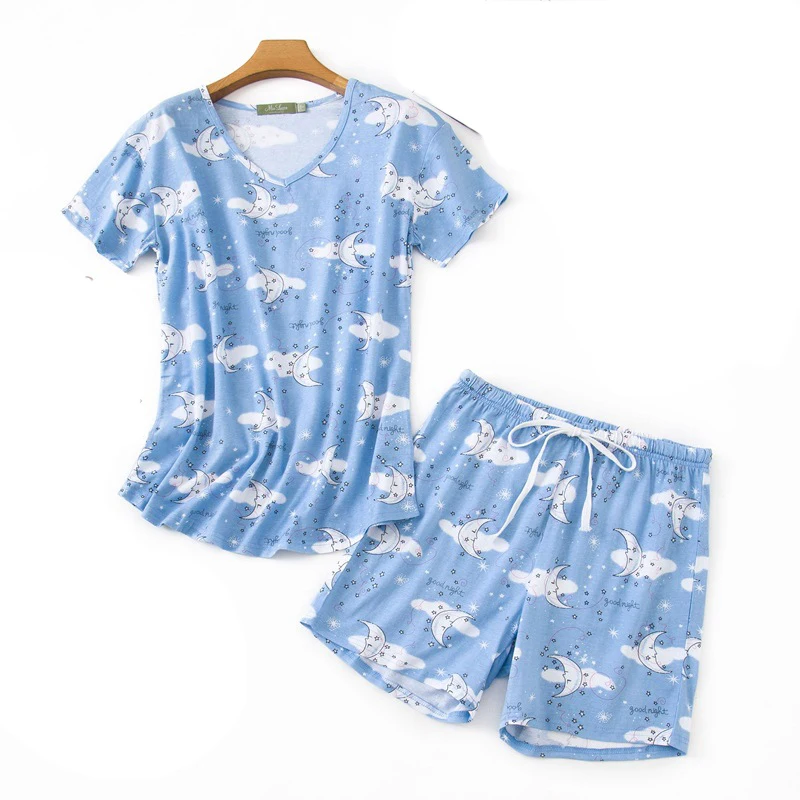 

New Arrivals 2020 Summer Short Sleeve Loose Two Pieces Pajama Sets Women Comfortable Cotton Sexy V neck Sleep Wear Set