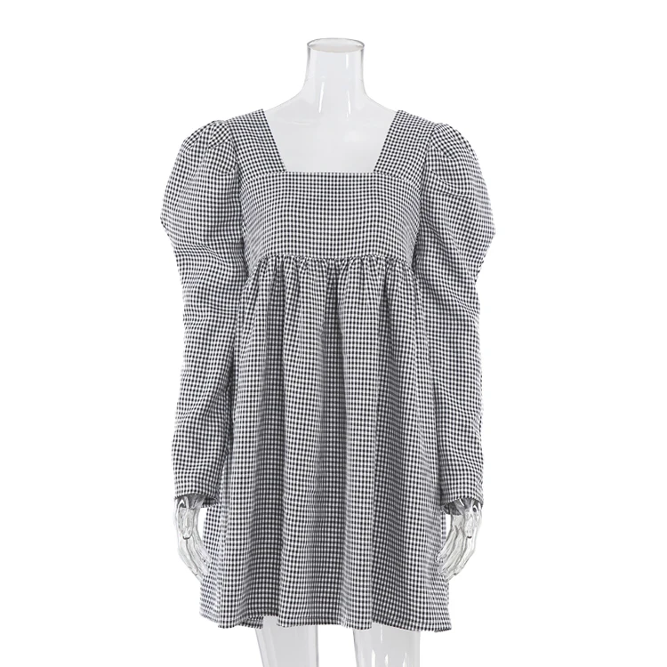 

Puff Sleeve Square Neck Ladies Vintage A Line Elegant Women Dresses Spring Autumn Black White Plaid Casual Mini Dress