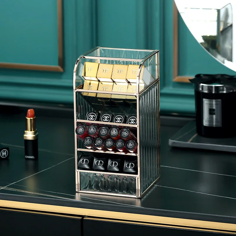 

Luxury Custom Logo Glass Lip Gloss Four Layers Lipstick Holder Case Display Rack Makeup Cosmetic Organizer Box, Clear