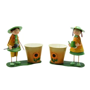 Image of Primitive Metal Craft Girl Figurine Iron Home Decor Pastoral Style Flower Planter Pot