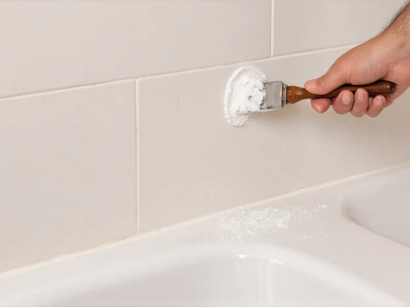 Applying baking soda paste to shower grout lines