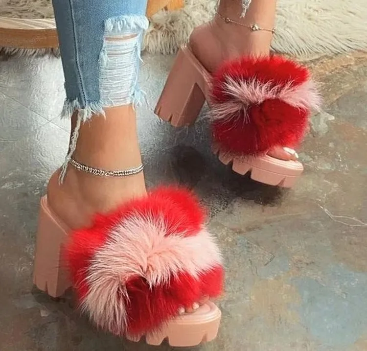 

Women Summer High Heels Vintage Plush Fur Slippers Peep Toe Platform Square Heel Wedges Sandals Zapatos Mujer, Leopard,rain bow