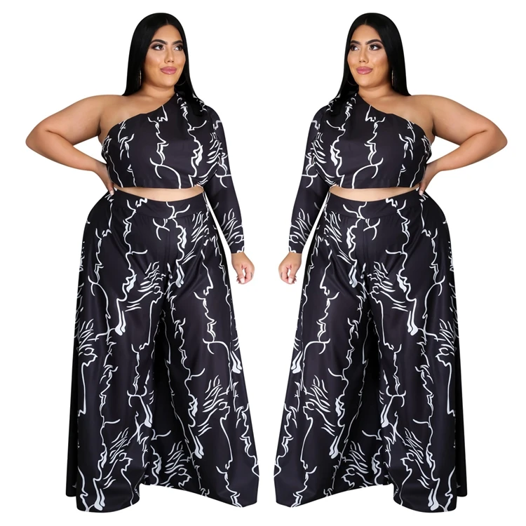 

In stock fashionable plus size women clothing two piece set wide leg woman two piece print pants sets